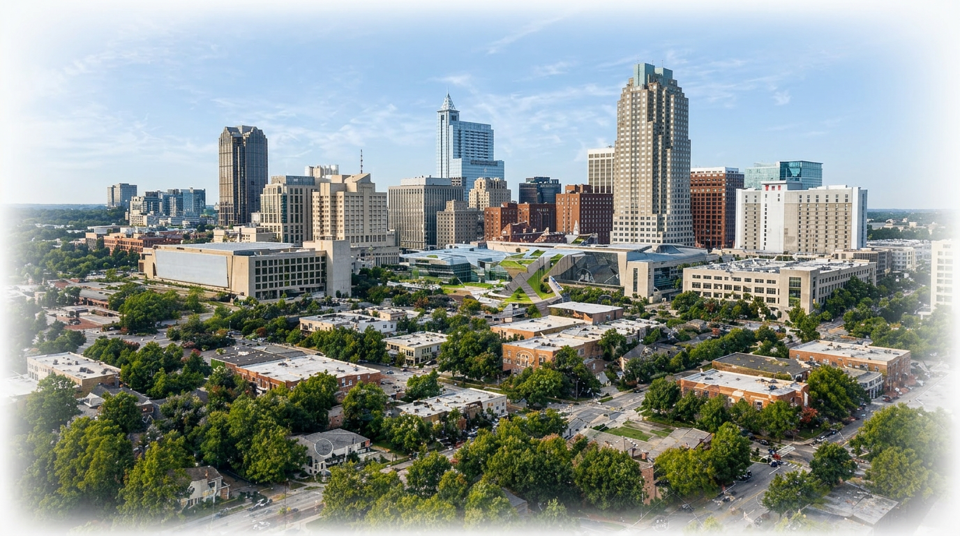 Aerial view of inside-the-beltline Raleigh at dusk