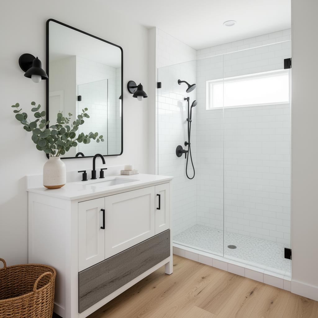 Primary bathroom with white shaker vanity, matte black fixtures and walk-in subway tile shower