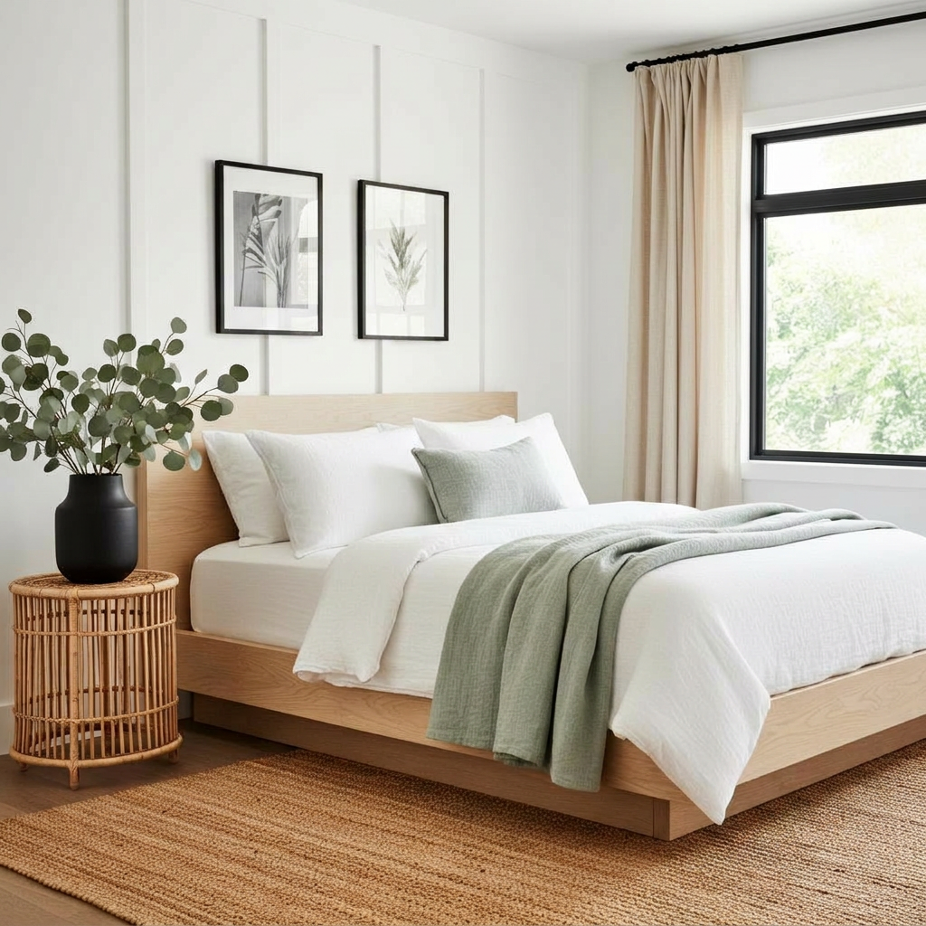 Primary bedroom with white board-and-batten wall, light oak bed, sage green throw, eucalyptus stems and rattan nightstand