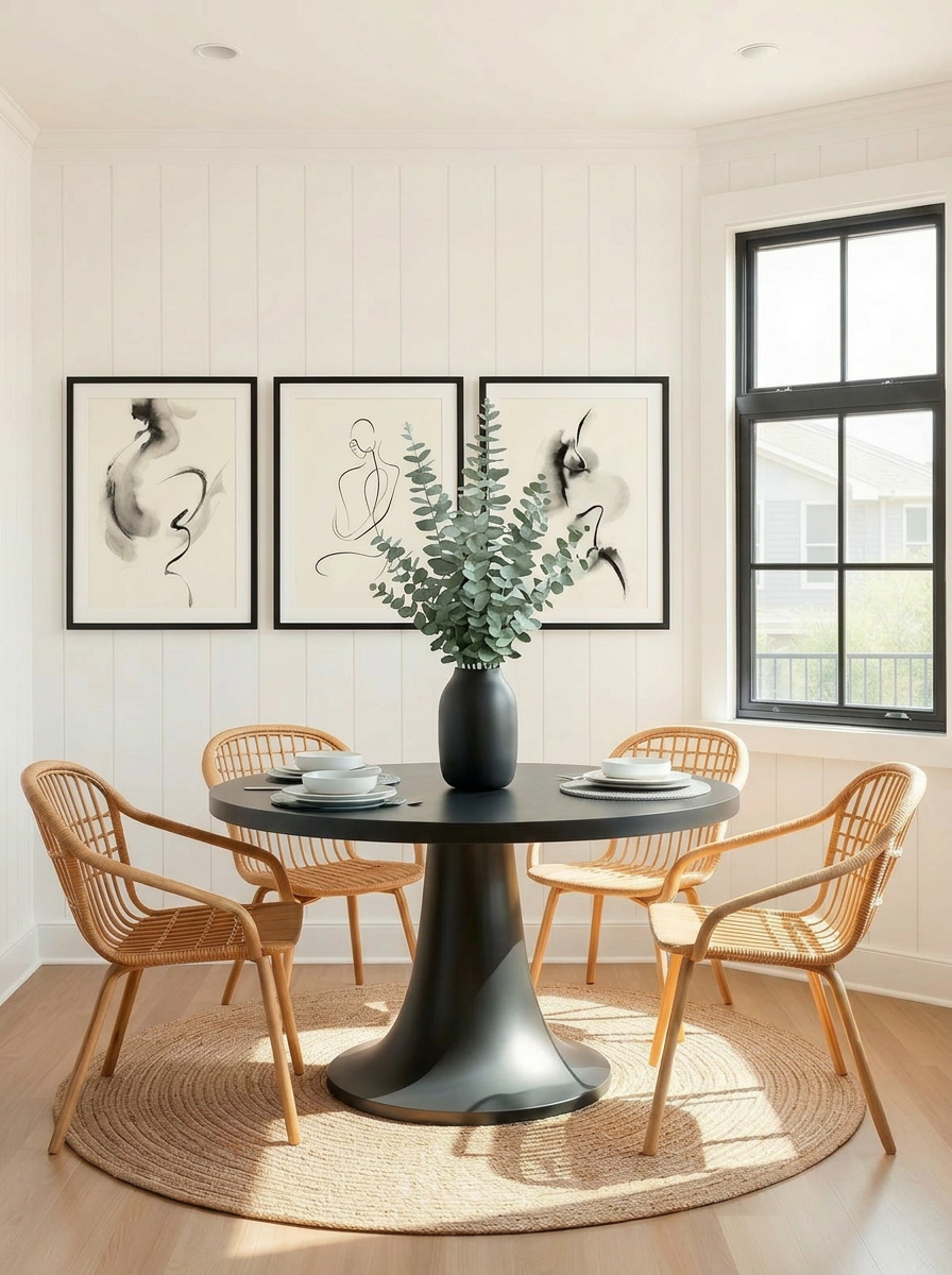 Dining nook with black pedestal table, rattan cane chairs, eucalyptus centerpiece, sage green linens and jute rug