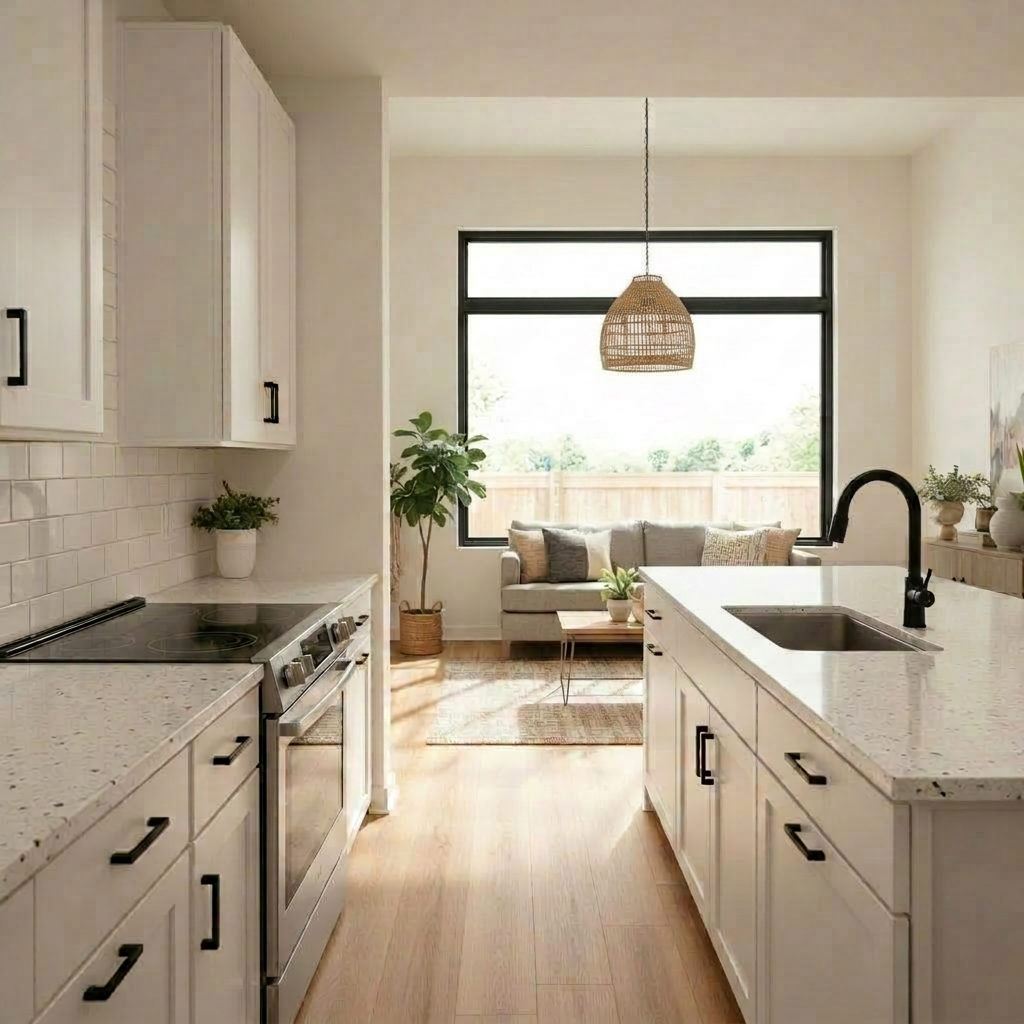 Open-plan kitchen with white shaker cabinets, white quartz, matte black faucet and subway tile backsplash